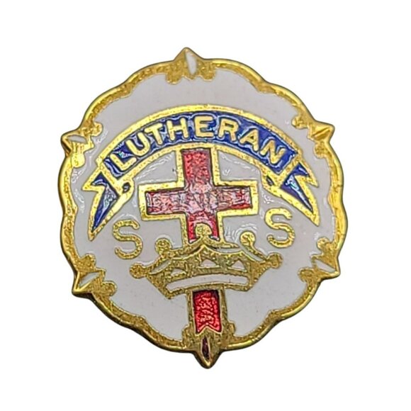 Enameled Lutheran Sunday School Pin Cross & Crown by Uncas Gold Tone Base - Picture 1 of 7